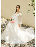 Long Sleeves Ivory Tulle V Back Charming Wedding Dress